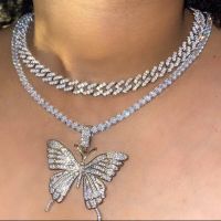 Caraquet New Iced Out Crystal Tennis Butterfly Pendant Necklace For Women Charm Bling Miami Cuban Link Chain Choker Punk Jewelry