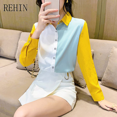 REHIN ผู้หญิงฤดูใบไม้ผลิใหม่แฟชั่นการปิดกั้นสี Elegant Design Niche แขนยาวผ้าชีฟองเสื้อ