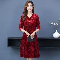 ✣ ชุดเดรส jacquard กำมะหยี่สีทองสไตล์ต่างประเทศอันสูงส่งฤดูใบไม้ผลิและฤดูใบไม้ร่วงแขนยาวการเพาะปลูกด้วยตนเองและการทำตัวให้ผอมชุดแม่วัย