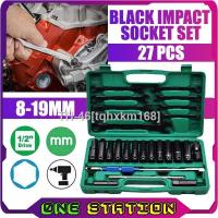 ✺☃ஐ 27PCS 1/2 Long Impact Deep Socket Drive Ratchet Set CRV Hex 6 point Hand Tool Black Double Ended Wrench Socket 8-19mm