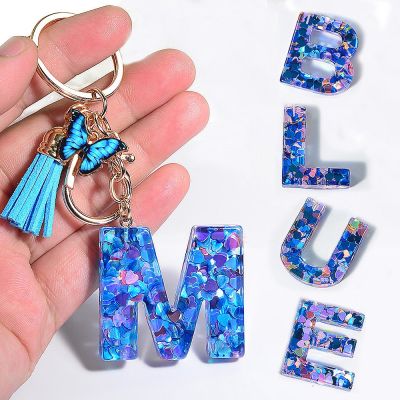 Fashion Acrylic Letter Keychain With Blue Butterfly Pendant Heart Sequin Filled 26 Initials Key Rings For Women Purse Bag Decor