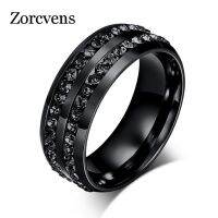 ZORCVENS High Quality Male Punk Vintage Black Stainless Steel Jewelry Two Rows CZ Stone Wedding Ring for Man Woman