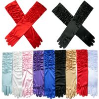 ✢ Eblow Length Stain Pleated Wedding Bridal Glove Red Black Evening Opera Party Gloves Full Finger Ladies Sheer Gloves 2023