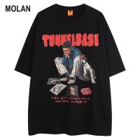 MOLAN เสื้อสตรีทบอยแขนสั้นคอกลมแขนสั้นผู้ชายเสื้อยืดวินเทจแบบมีสไตล์