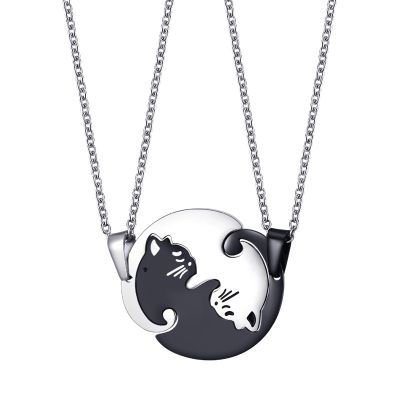 Aiovlo 1 Pair splice Cute His and Her Couples Necklaces Stainless Steel Beloved Pet Cat Pendant Necklace for Beloved Gift