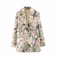 European and American style summer new slim versatile plant flower print double-breasted mid-length long-sleeved suit jacket