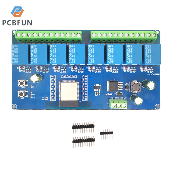 pcbfun-บอร์ด-esp32แหล่งจ่ายไฟ-dc5-30v-wifi-bt-ble-รีเลย์แปดทาง-esp32ห้องการพัฒนาขั้นทุติยภูมิเหมาะสำหรับ-esp32การพัฒนาขั้นทุติยภูมิการเรียนรู้การควบคุมไฟบ้านไร้สายอัจฉริยะและโอกาสอื่นๆ