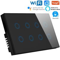 EU 146mm WIFI Touch screen 8 Gang Smart wall switch Glass Wireless Light timing switch Tuya App remote Switch With google alexa Power Points  Switches