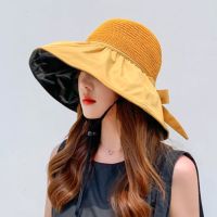 [Hat vendor]หมวกกันแดดกาวสีดำติดโบว์สำหรับผู้หญิงใส่ฤดูHat vendorหมวกฟางแบบมีโพรงปานามากันแดดขอบใหญ่ใบหน้าหมวกทรงถังกันแดด