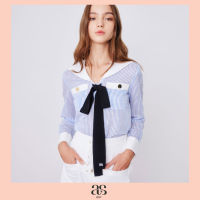 [asv ss23] Summer Marine Blouse  เสื้อผู้หญิง แขนยาว ผ้าลายทาง แต่งผูกโบว์หน้า คอปกกะลาสี แต่งกระเป๋าหน้า  แต่งกระดุมหน้า ตัดต่อผ้าด้านหลัง