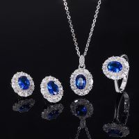 【lz】❡♤  Conjunto de joias Halo Sapphire para mulheres colar em prata esterlina S925 anel e brincos espumante Cubic Zirconia Lab Criado presente de luxo