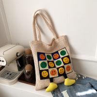 Mori Style Cartoon Straw Bag 2023 New Fresh Smiley Bag Womens Woven Casual Large Capacity Shoulder Bag