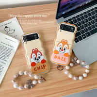 เคสนิ่มหยักสำหรับ Samsung Galaxy Z Flip5 Flip4 Flip3 5G TPU Wave ฝาครอบป้องกันกระรอกการ์ตูนใสพร้อมโซ่