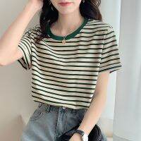 [COD] green striped T-shirt womens summer short-sleeved 2022 new loose round neck all-match t-shirt niche top clothes