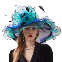 Organza Kentucky Derby หมวกสำหรับผู้หญิง,หมวกปีกกว้างสำหรับชายหาดหมวกกันแดดขนาดใหญ่ดอกไม้สุภาพสตรีสุดหรูสำหรับงานแต่งงานงานปาร์ตี้ Fedoras