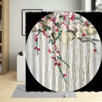 Chinese Style Peach Blossom Shower Curtain Vintage Gold Line Circular Pattern Flower Deer Bathtub Curtains For Art Decor Screens