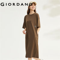 GIORDANO Women Dresses 100% Cotton Brand Tag Simple Basic Tee Dresses Summer Short Sleeve Crewneck Casual Dresses 05463471