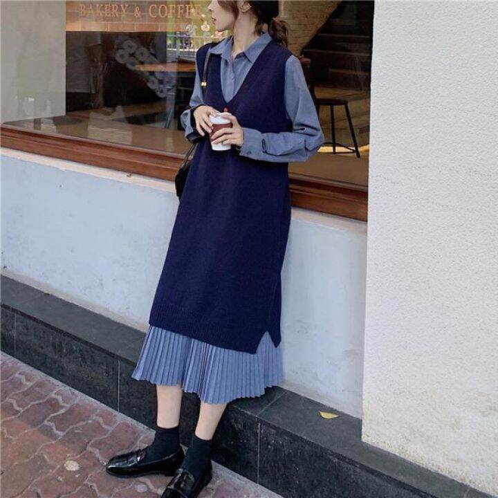 cod-2022-early-spring-new-dress-sweater-suit-female-fragrance-fat-two-piece-western-style