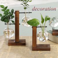 Hydroponic Plant Vases Glass Vase Vintage Bonsai Flower Pot Terrarium Tabletop Tray Wooden Frame Flower Pot Home Decor Bonsai