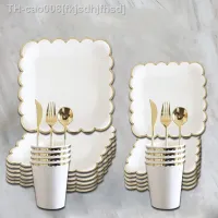 ♨△ Creative 8 Guests White Disposable Tableware Golden Edge Square Plates Cups Wedding Favor Happy Birthday Party Decor Kids Adults