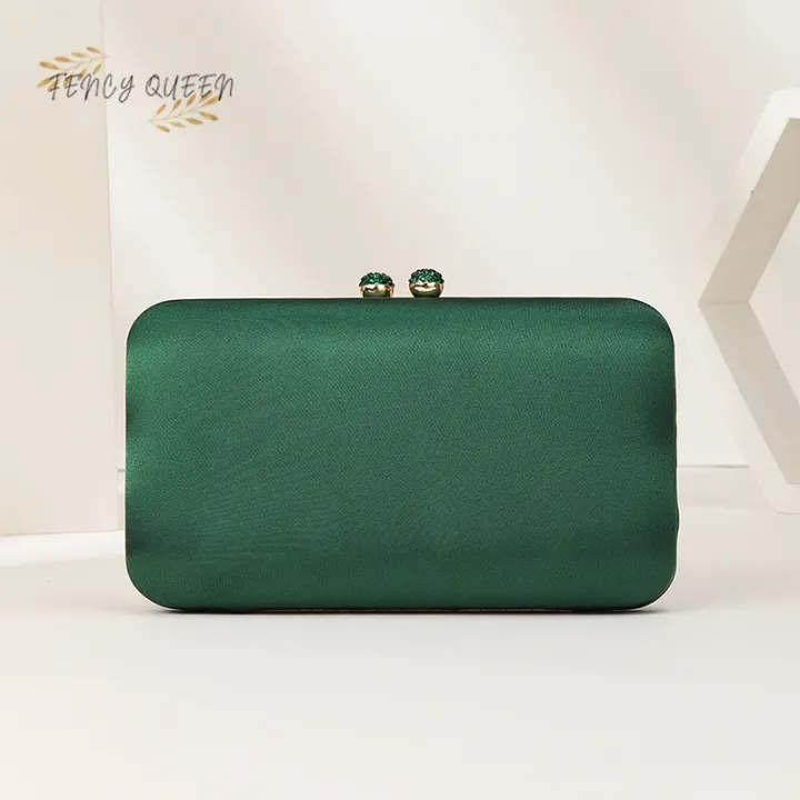 Elegant Hard Box Dark Green Clutch Bag Silk Satin Evening Bags for