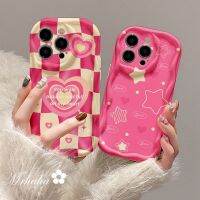 Mrhaha เคสครีมแฟชั่นสำหรับ Vivo Y02 Y20 Y21 Y15A Y02s Y35 Y22 Y16 V25 Y30 Y50 Y20s Y91 Y15ที่มีคุณภาพสูงเคลือบลายตารางหมากรุกสีชมพูไล่ระดับสีหัวใจและดาวหรูหราฝาครอบป้องกันซิลิโคนเคสโทรศัพท์เด็กผู้หญิงที่สวยงาม