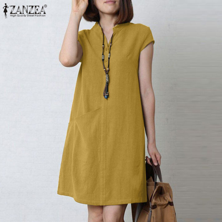 จัดส่งฟรี-esolo-zanzea-ผู้หญิงสไตล์เกาหลีแขนสั้นคอ-v-ฤดูร้อนลำลอง-s-undress-ยาว-midi-เสื้อชุด-krs-89339