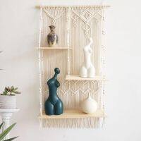 Hand-Woven Macrame Tapestries Rack Wooden Shelves For Wall Bohemian Decorative Shelves Wall Hanging Shelves Ornament