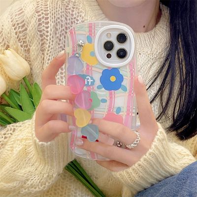 （cold noodles）เกาหลีน่ารักลูกอมสีดอกไม้สร้อยข้อมือกรณีโทรศัพท์โปร่งใสสำหรับ Iphone 13 12 Pro Max 11 Pro XR X XS 3D หัวใจรักปกอ่อน