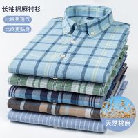 Spring and autumn cotton and linen plaid shirts for men casual business long-sleeved thin mens tops simple loose shirts for young and middle-aged people 【SSY】