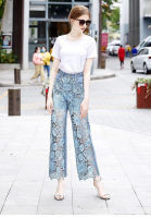 GanGdun 2022 New Loose Hollow Lace Stitching Denim High Waist Wide Leg PantsTH