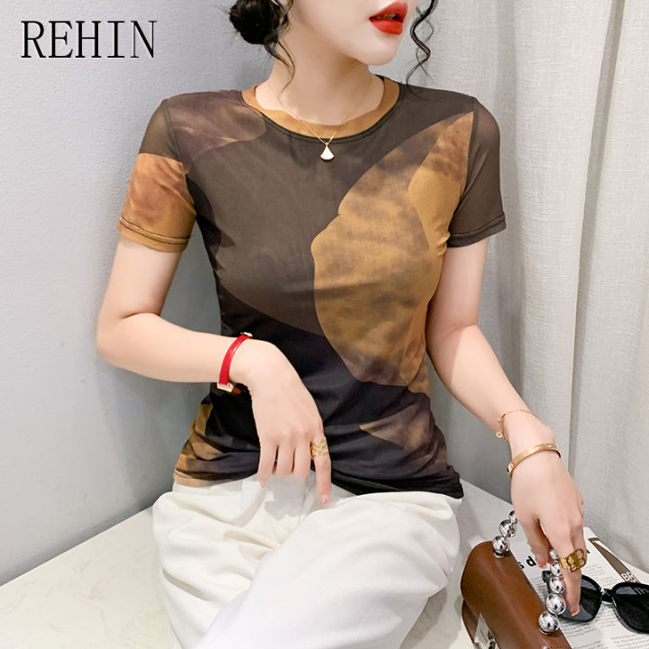 rehin-เสื้อผู้หญิงผ้าตาข่ายแขนสั้น-ฤดูร้อนแฟชั่นใหม่เสื้อยืดคอกลมเข้ารูปพอดีบาง-s-3xl-หรูหราเสื้อตามเทรนด์