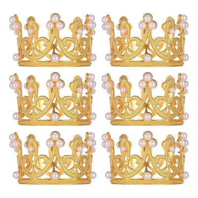 6Pcs Gold Mini Crown Cake Topper Small Crystal Pearl Cupcake Toppers Tiara Small Cupcakes Crown Reusable Metal for Wedding Birthday