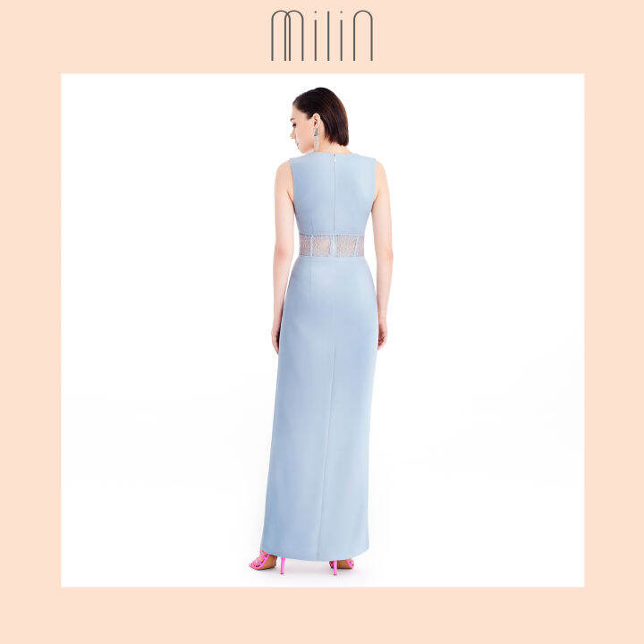 milin-ruched-under-bust-detail-sleeveless-v-neck-long-dress-เดรสยาวแขนยาวคอวี-ดีเทลแต่งรูดใต้อกดีเทลแต่งลูกไม้โปร่ง-และเส้นกุ๊น-diadasia-dress