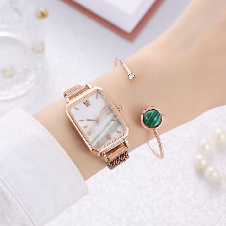 july-douyin-net-red-hot-style-gift-ladies-watch-green-personality-fashion-square-magnet-belt-set-bracelet-womens