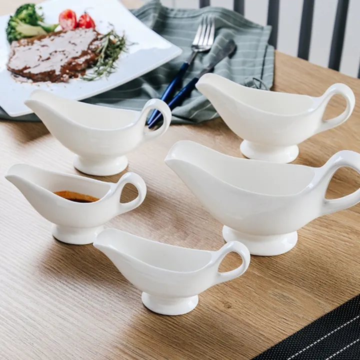 2Pcs Ceramic Gravy Boats White Porcelain Sauce Bowl Steek Condiment