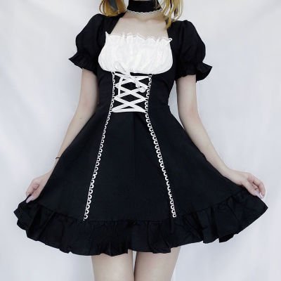 2021 New Kawaii Style Women Princess Dress Black Mini Dresses High Waist Gothic Dress Puff Sleeve Lace Ruffles Party Dresses