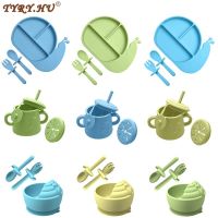 TYRY.HU Baby Waterproof Bibs Soft Silicone Baby Feeding Bowl Kids Snail Cartoon Cup Spoon Fork Set Baby Tableware BPA Free Bowl Fork Spoon Sets