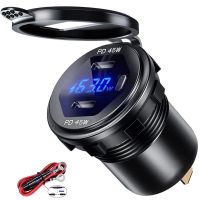 ✐◎▤ 12V USB Charger PD Type C Car Charger Socket Dual USB Charger Socket 90W Waterproof Power Outlet Fast Charge for Motorcycle Car ซื้อทันที เพิ่มลงในรถเข็น