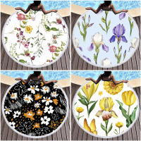 150cm Floral Flower Beach Towel Big Round Microfiber Beach Towels with Tassel for Living Room Home Decor Boho Style Bath Towel