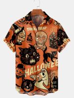 1 Cat Shirts Mens Womens Hawaiian Shirts Halloween Vocation Blouses Spooky Beach Shirt Camisas Mens Clothing Skull