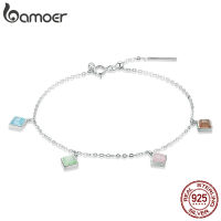 bamoer Silver Simple Geometry Bracelet Colors Square Opal Stones 925 Sterling Silver Bracelet for Women Adjustable Jewelry