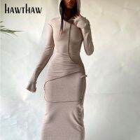 【Ladies shop】 Hawthaw แฟชั่นผู้หญิงฤดูหนาวแขนยาวเย็บปะติดปะต่อกัน B Odycon สีทึบหญิง Pencil2021Clothes Streetwear