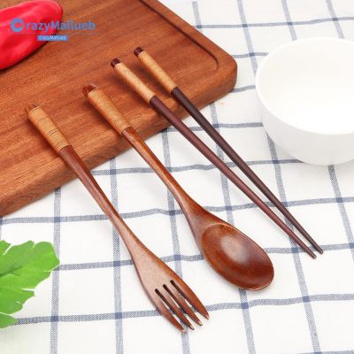 ❤Cra-Stock❤Home Supply Japanese Portable Wood Chopsticks Fork Spoon Tableware Travel Cutlery Set
