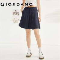 GIORDANO ผู้หญิง กางเกงขาสั้นลำลองบางเอวกึ่งยางยืดผ้าฝ้ายทอป่านธรรมชาติจับจีบ Free Shipping 05403301