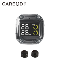 CAREUD รถจักรยานยนต์ไร้สาย TPMS ระบบตรวจสอบความดันลมยางดิจิตอล LCD สองเซ็นเซอร์ภายนอกสีดำติดตั้งง่าย