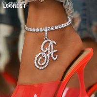 Iced Out Tennis Chain Anklet With Cursive Letter Hip Hop Crystal A-Z Initials Zircon Pendant Anklet Bracelet For Women Jewellery