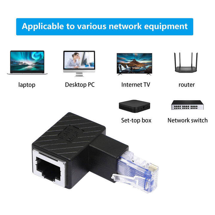 อะแดปเตอร์อีเทอร์เน็ตเก็บข้อมูลขนาดใหญ่รองรับเครือข่าย100เมตร-rj45เล่นปลั๊กแบบมีสวิตช์ตัวเชื่อมต่อเครือข่ายชาย-หญิง90องศาสำหรับกล่องสมาร์ททีวีตัวแปลงเครือข่ายสูง