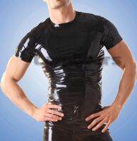 Handmade Black Latex Short Sleeves T-shirts เสื้อยืด Man Latex Tank Tee ไม่มีซิป