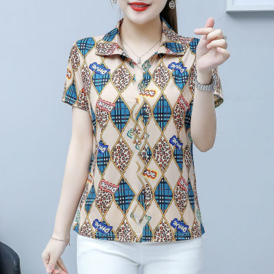 เสื้อแขนสั้นผู้หญิงฤดูร้อนคอโปโลพิมพ์ลายเสื้อรุ่นเกาหลีแบบหลวมเสื้อสวมศีรษะ